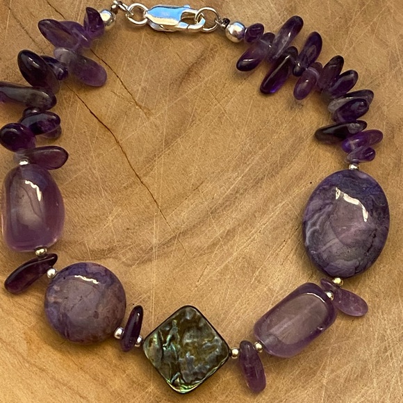 Beautiful Amethyst, abalone, and agate or Charoite 925 sterling silver bracelet - Picture 6 of 12